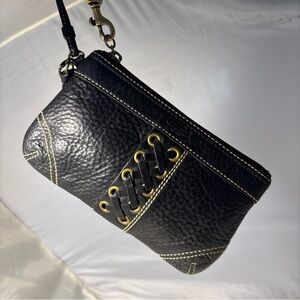 Coach Black Leather Wristlet with Gold Stitching New